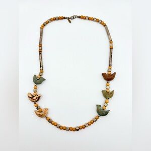 Vintage 70s Cadoro Silver and Wooden Beaded Fetish Bird Necklace